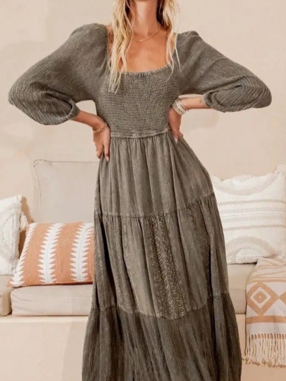 NWT Young Threads  Amber Long Sleeve Smocked Maxi Dress